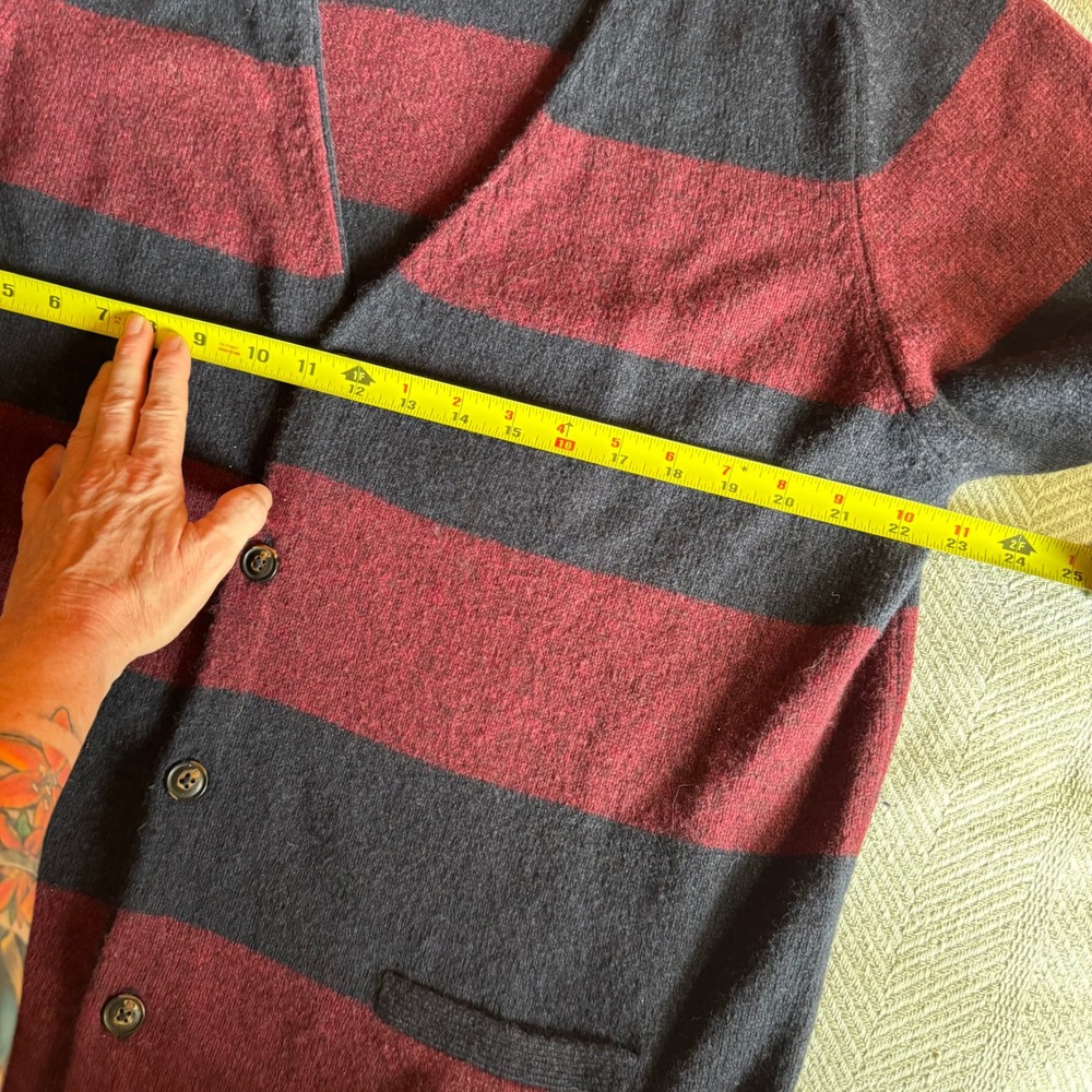 Scotch & Soda Mens XXL Wool Cardigan Striped Leather Elbow Patches Burgundy Navy - Picture 10 of 11